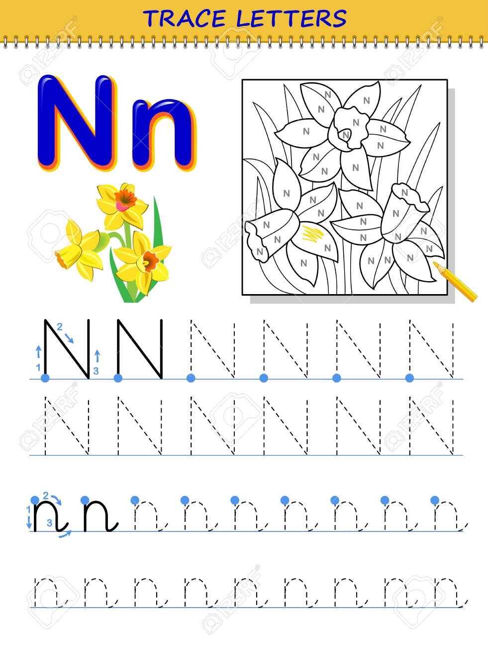 tracing-letter-n-for-study-alphabet-printable-worksheet-for-kids-education-page-for-coloring-book-developing-children-skills-for-writing-and-tracing-abc-vector-cartoon-image-for-school-textbook-royalty-free-svg