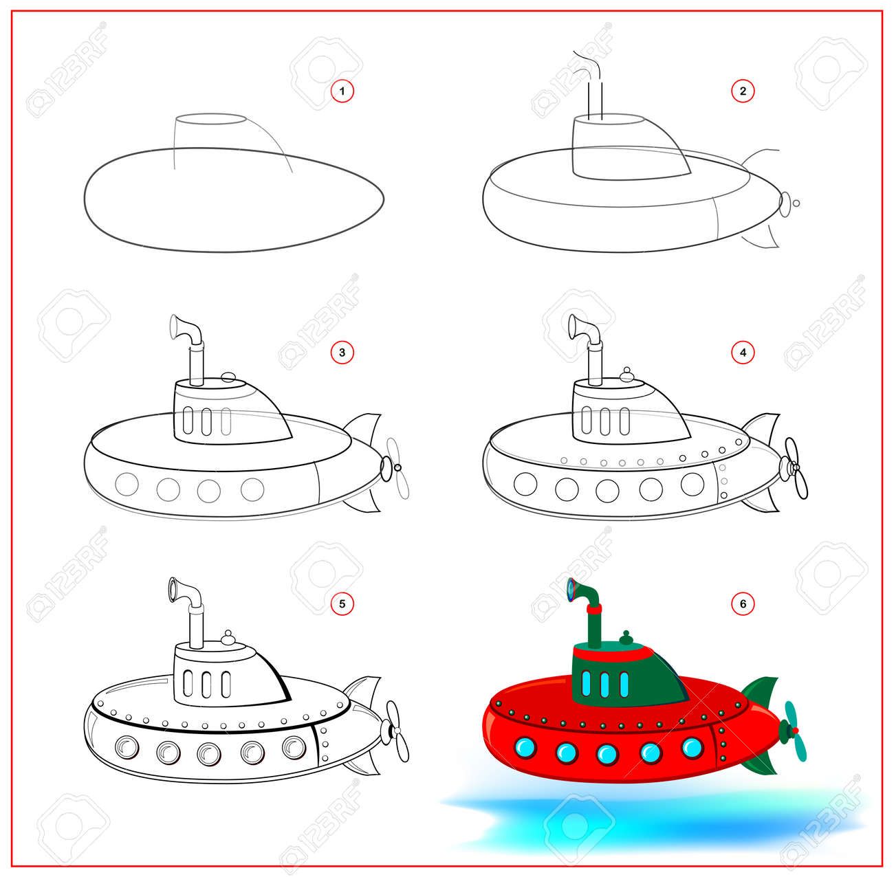 Page shows how to learn to draw step by step toy submarine. Developing children skills for drawing and coloring. Printable worksheet for kids school exercise book. Flat vector illustration. - 170074249 Page shows how to learn to draw step by step toy submarine. Developing children skills for drawing and coloring. Printable worksheet for kids school exercise book. Flat vector illustration. - 170074249