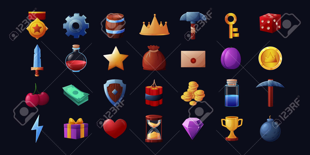 ゲームアイコン。漫画のモバイルカジノゲームゴールデンクラウンコインとカップ、トロフィーと在庫ベクトルセットのイラスト素材・ベクター Image  183823932