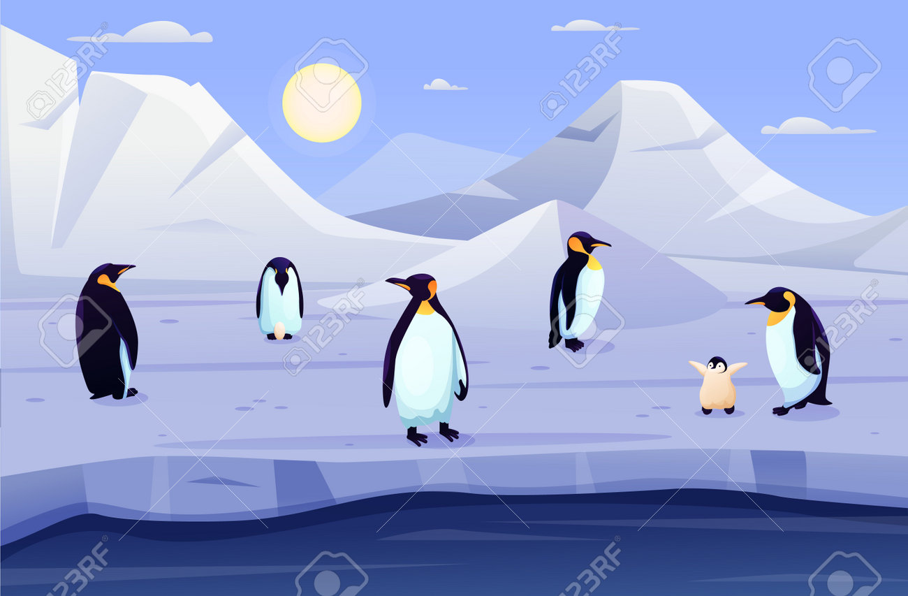 Penguin Animals, Antarctic Cold Landscape. Family In Ice Winter, Cube Of  Snow. Polar Antarctic Characters, Wildlife Nature, White Arctic Baby And  Parents. Vector Design Cartoon Illustration Royalty Free SVG, Cliparts,  Vectors, and, image size:1300x853