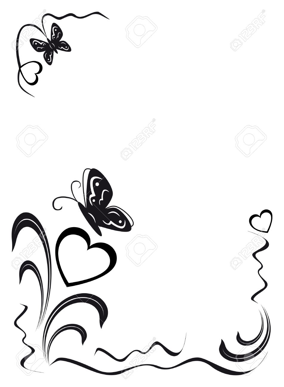 Butterfly Hearts And Floral Ornament Black On The White