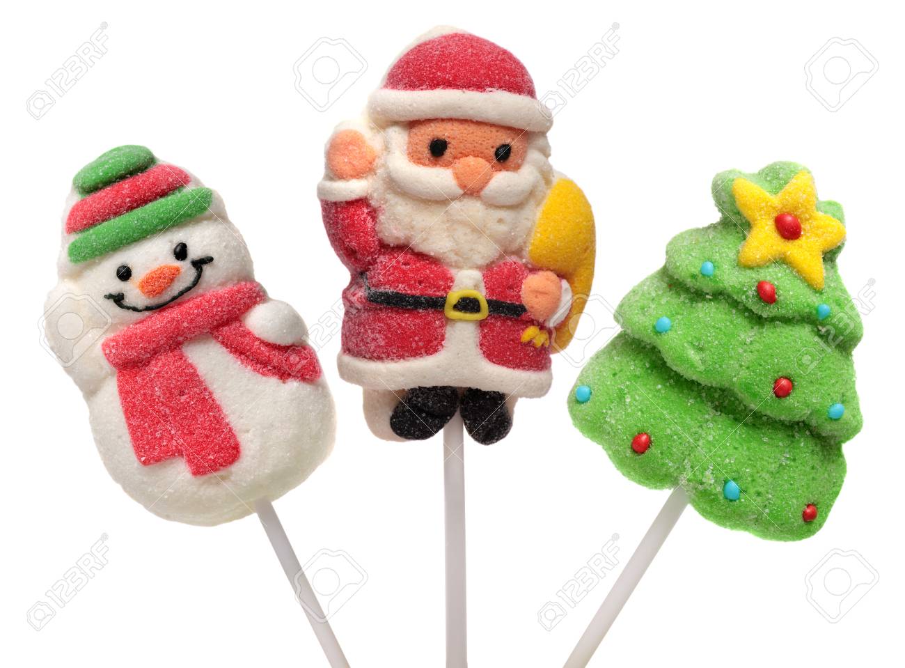 3 つのクリスマスと新年のお菓子 クリスマス ツリー サンタ クロース 雪だるま 白で隔離 の写真素材 画像素材 Image