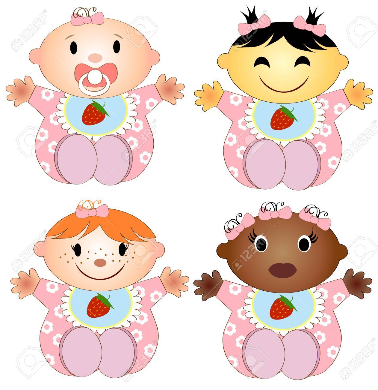 ベクトル図 4 赤ちゃんの少女 異なる人種 白い背景で隔離の女の子の 4 人の子供 のイラスト素材 ベクタ Image