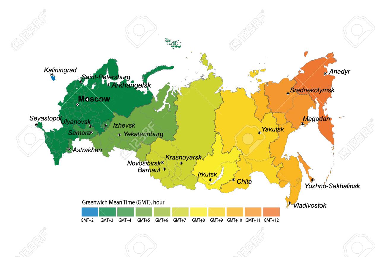 러시아의 시간대 지도. 표준시 GMT UTC 로열티 무료 사진, 그림, 이미지 그리고 스톡포토그래피. Image 115066373