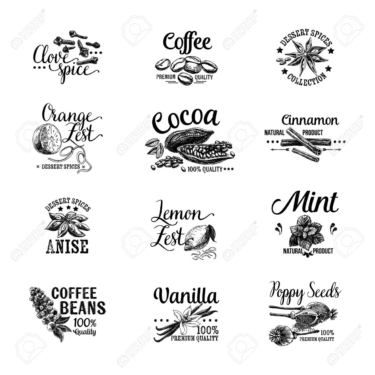 Vector set of Dessert Spices icon, labels, badges and design elements. Retro.Vintage illustrations. - 49424972 Vector set of Dessert Spices icon, labels, badges and design elements. Retro.Vintage illustrations. - 49424972
