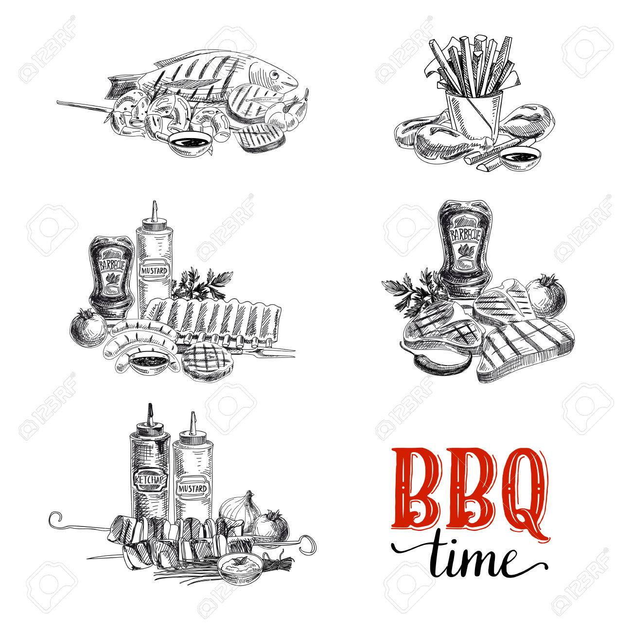 Vector set of barbecue and grill elements. Vector illustration in sketch style. Hand drawn design elements. - 49425279 Vector set of barbecue and grill elements. Vector illustration in sketch style. Hand drawn design elements. - 49425279