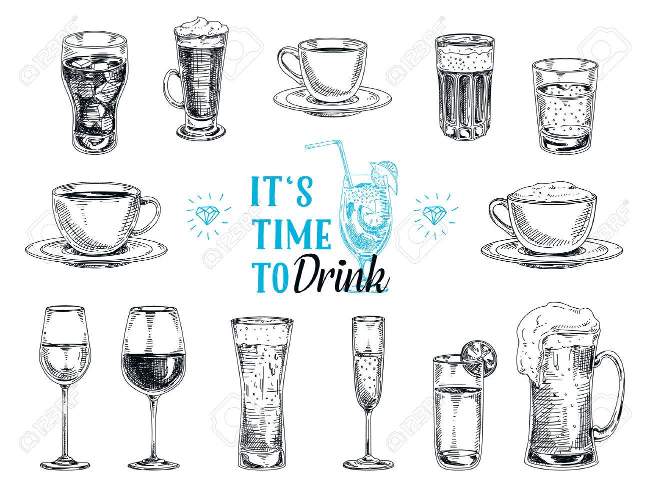 Vector hand drawn illustration with drinks. Sketch. - 49810247 Vector hand drawn illustration with drinks. Sketch. - 49810247