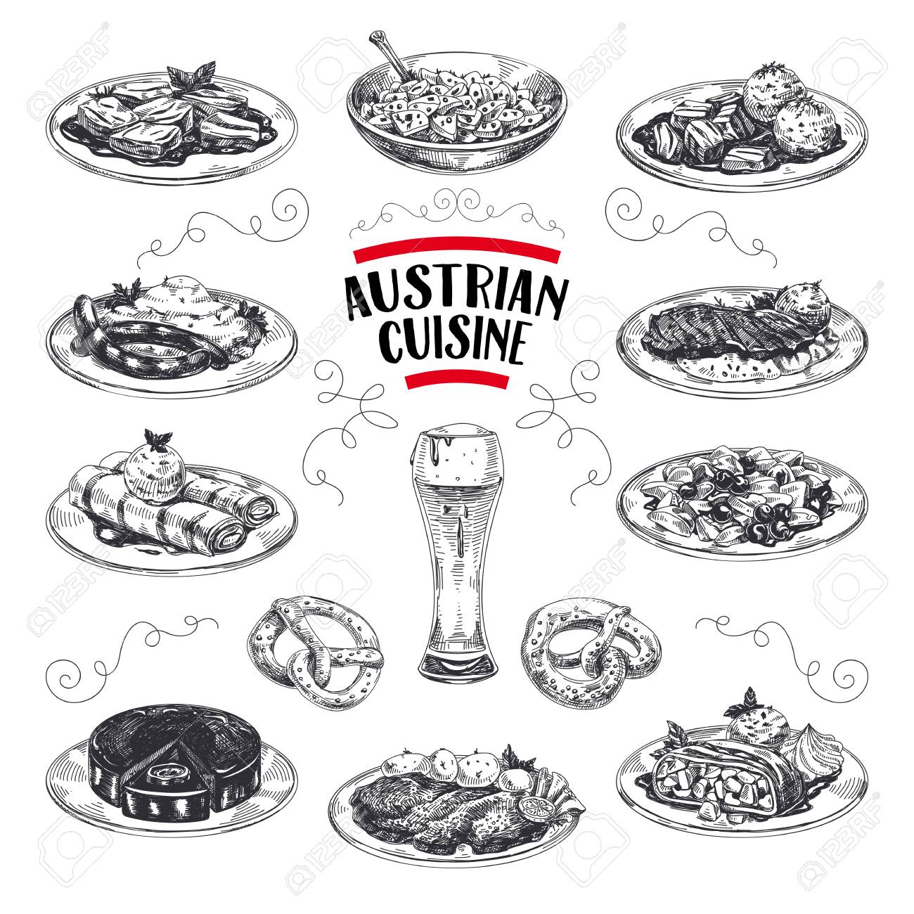 Beautiful vector hand drawn austrian cuisine Illustrations set. Detailed retro style images. Vintage sketch elements for labels, packaging and cards design. Modern background. - 104284334 Beautiful vector hand drawn austrian cuisine Illustrations set. Detailed retro style images. Vintage sketch elements for labels, packaging and cards design. Modern background. - 104284334