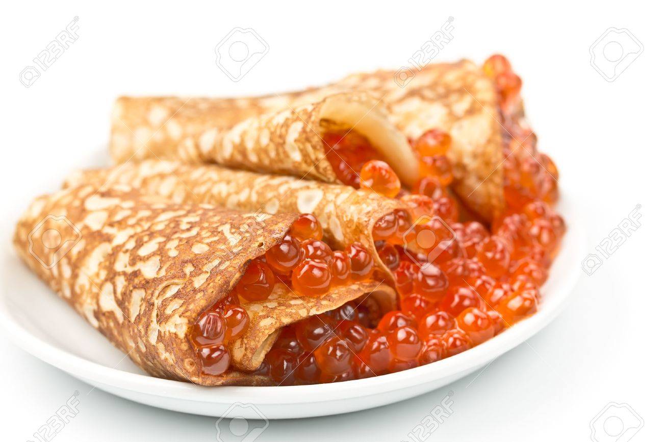 Thin Russian Pancakes With Salmon Red Caviar Stock Photo Picture And Royalty Free Image Image 16645837