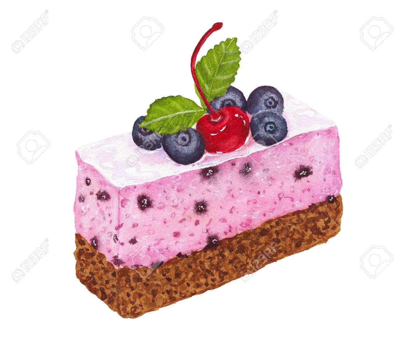 白い背景に分離されたチェリー ブルーベリー ミント チョコレートの装飾が施されたケーキ 手は 水彩イラストを描いています の写真素材 画像素材 Image