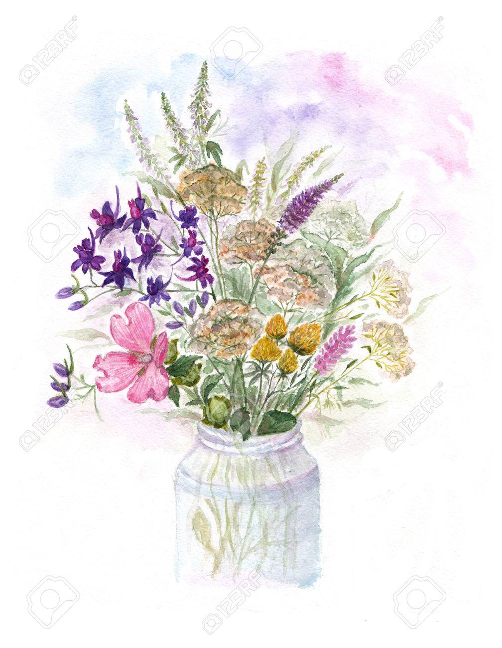 ガラス花瓶で水彩のカラフルなワイルドフラワーの花束 の写真素材 画像素材 Image