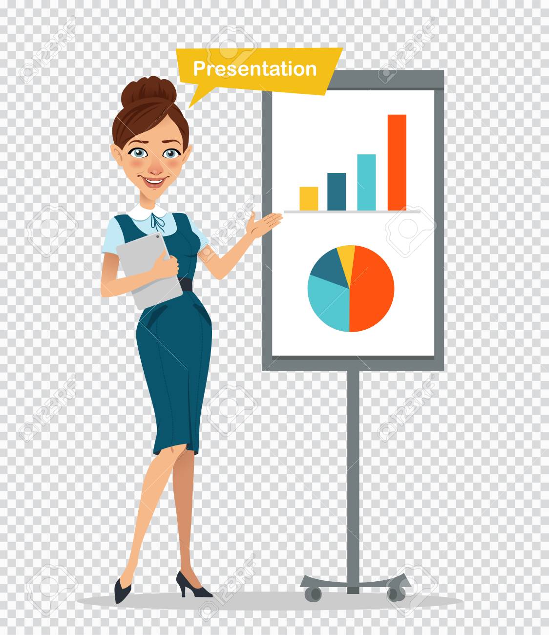 woman with tablet standing near flipchart woman making presentation reporting presentation