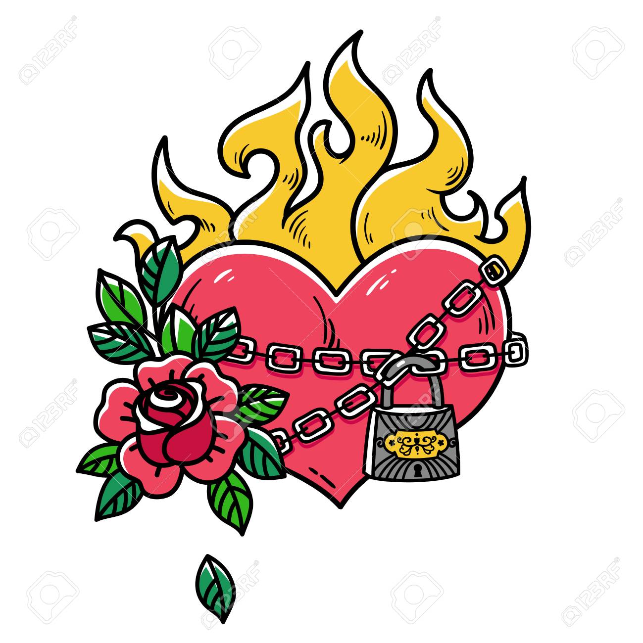 tatouage c ur enflamme lie par des chaines d amour brulant avec rose coeur de en sur fond blanc style vieille ecole symbole l non partage clip art libres coloriage lama