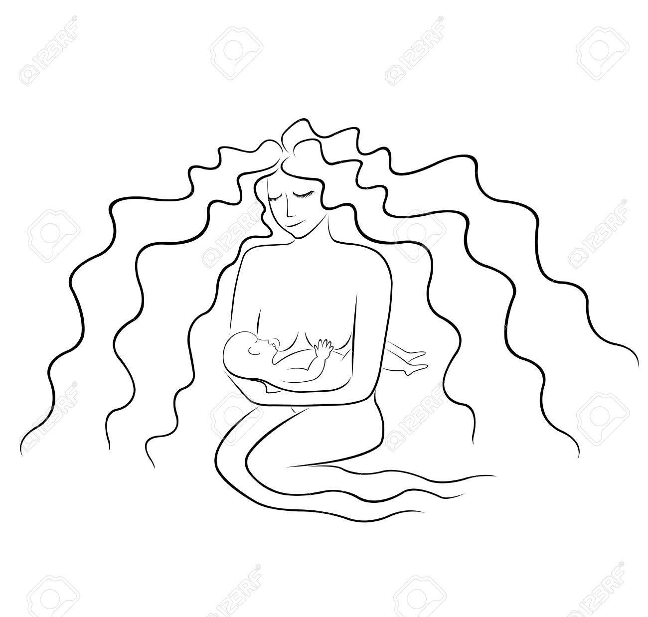 Vector woman breast feeding a baby simple line hand drawing illustration on white background