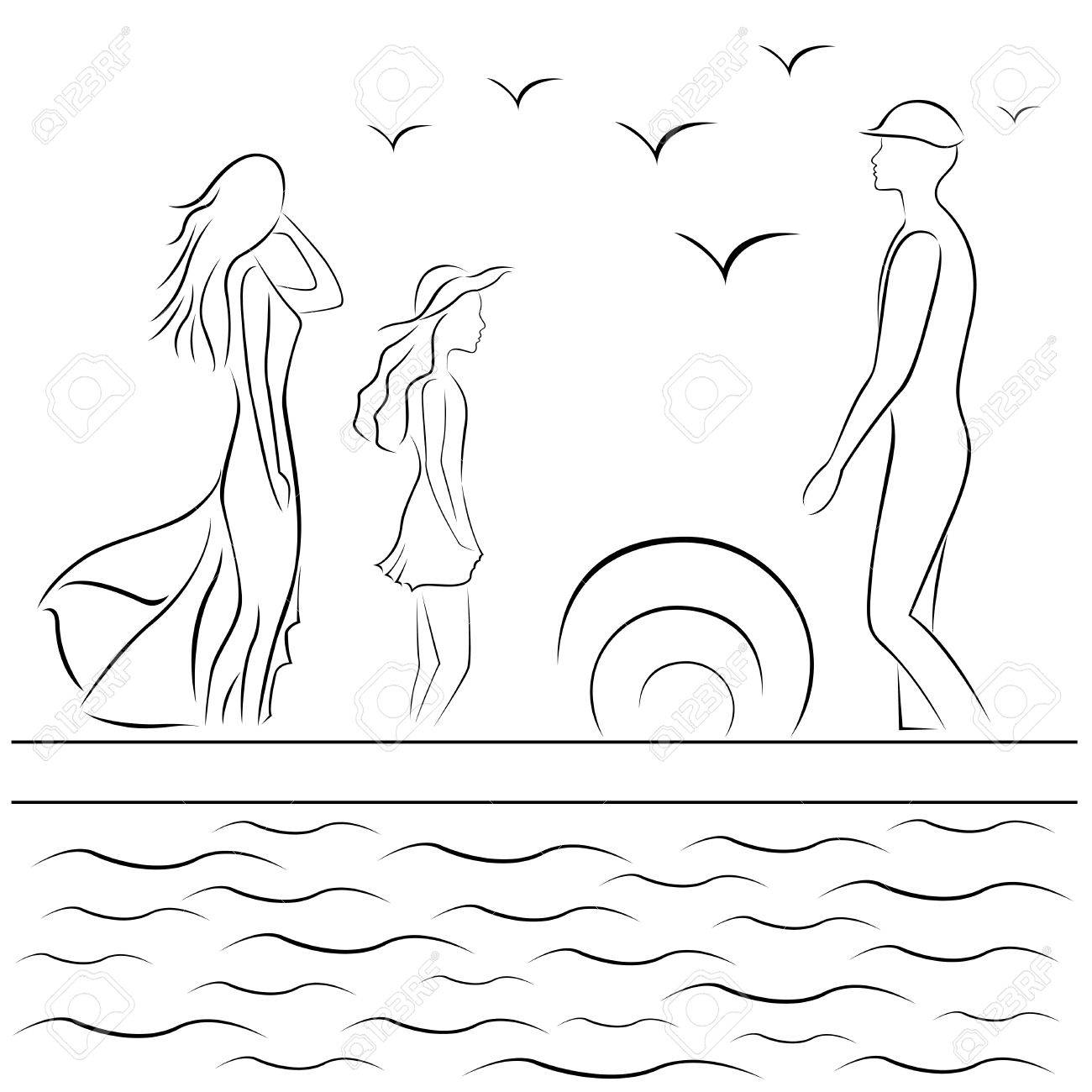 家族海で 日没で桟橋手描画の黒と白のベクトル図 のイラスト素材 ベクタ Image