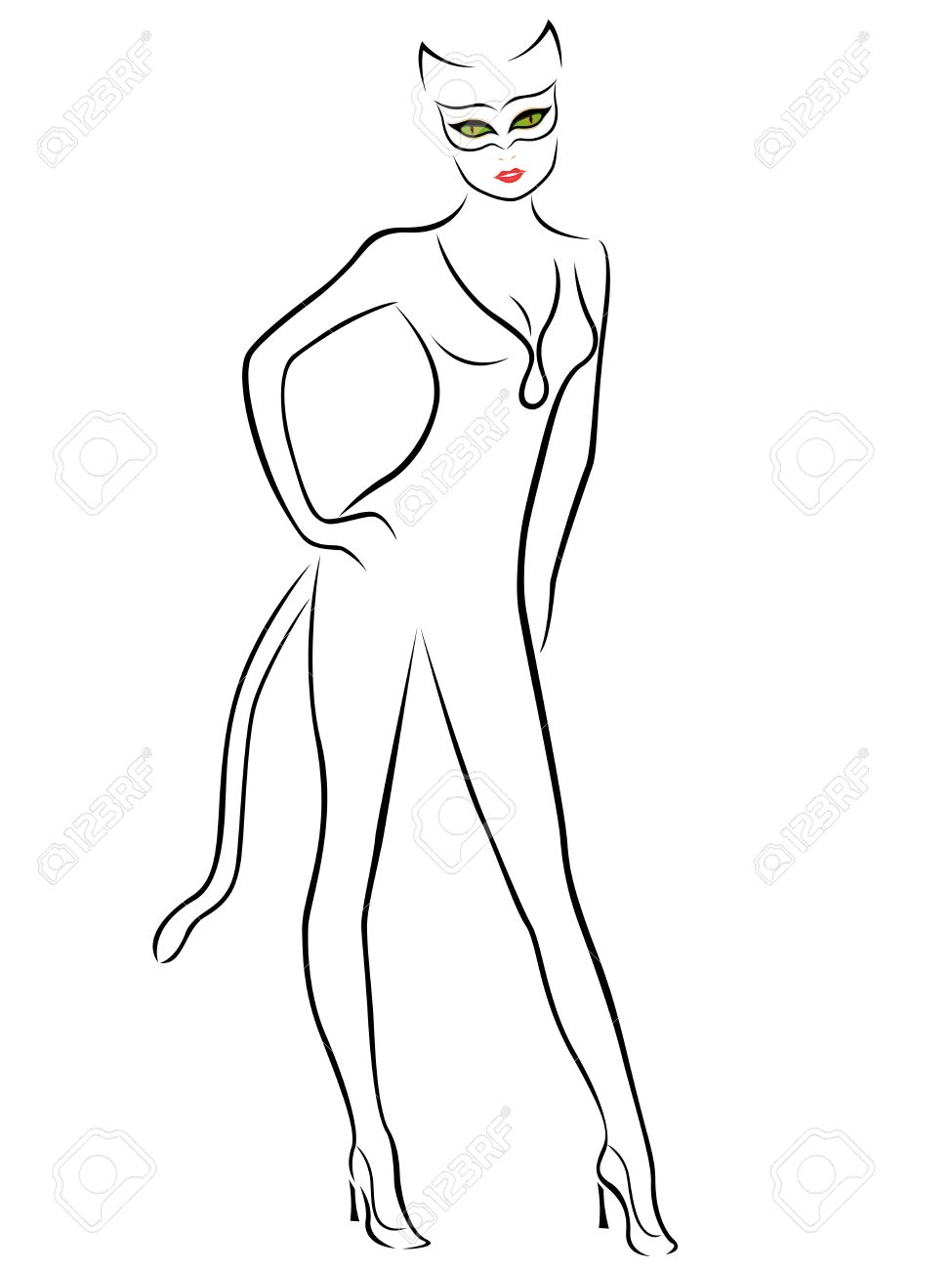 猫のマスクで緑の目を持つ女性の黒い輪郭 図面のベクトル図を手の