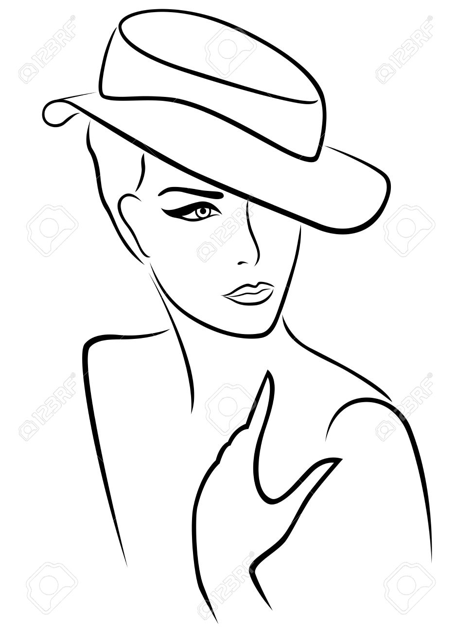 elegant young lady in a hat hand drawing black vector outline