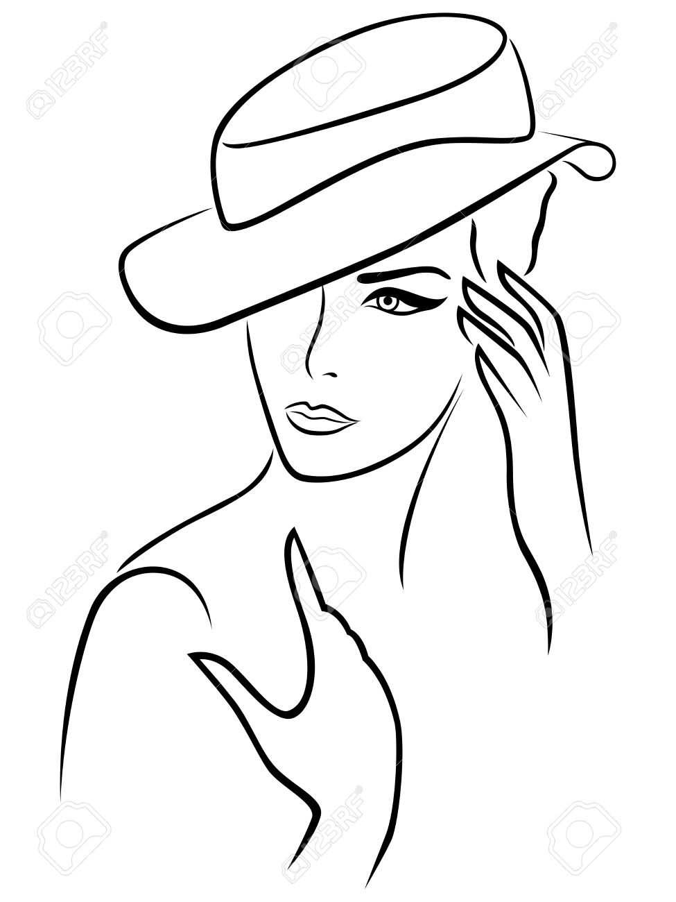 Elegant young woman in a hat, hand drawing black vector outline on a white background - 44580354 Elegant young woman in a hat, hand drawing black vector outline on a white background - 44580354