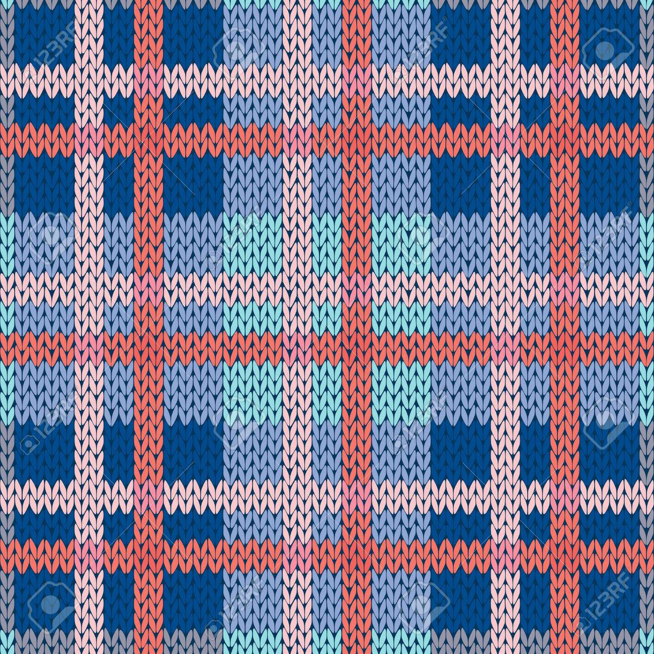 ニット ウール ケルトのタータン チェック柄と垂直に交わる線とシームレスなベクトル パターンまたはブルーとピンクの色合いのニット生地のテクスチャのイラスト素材 ベクタ Image