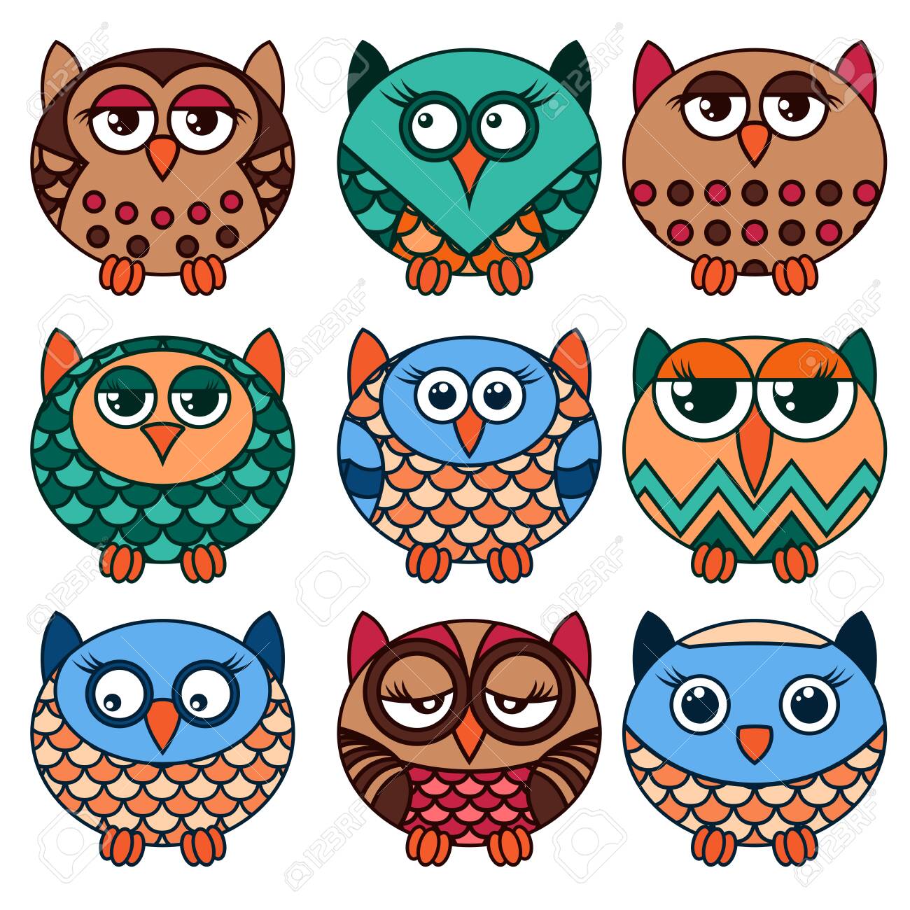 Set Of Nine Cute Oval Owls In Various Pattern Isolated On The