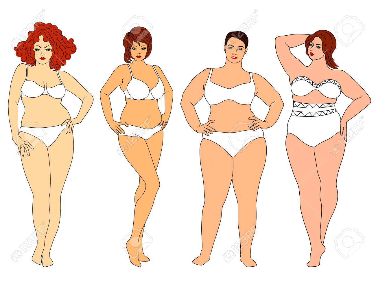Cuatro Encantadoras Mujeres Gordas En Ropa Interior, Aisladas Sobre Blanco, Anuncio De Lencería Las Gruesas Ilustraciones Svg, Vectoriales, Clip Art Libre De Derechos. Image 142347009.