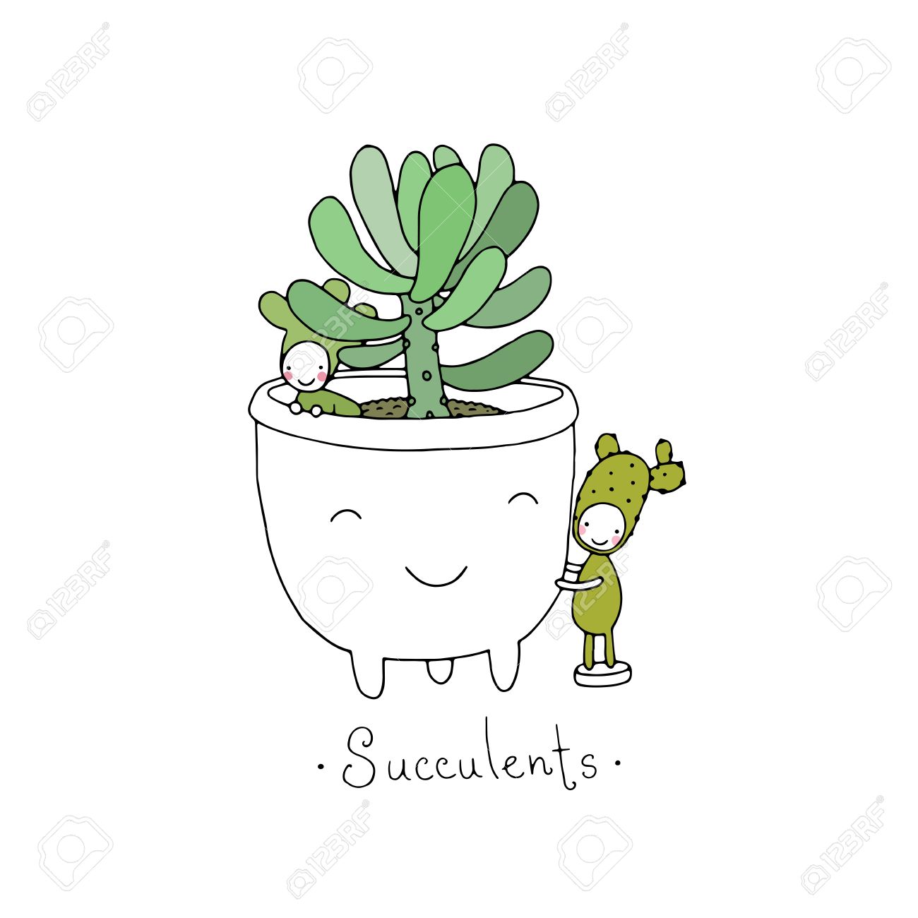 cartoon cute succulents in pot little fairyhand drawing isolated objects on white background