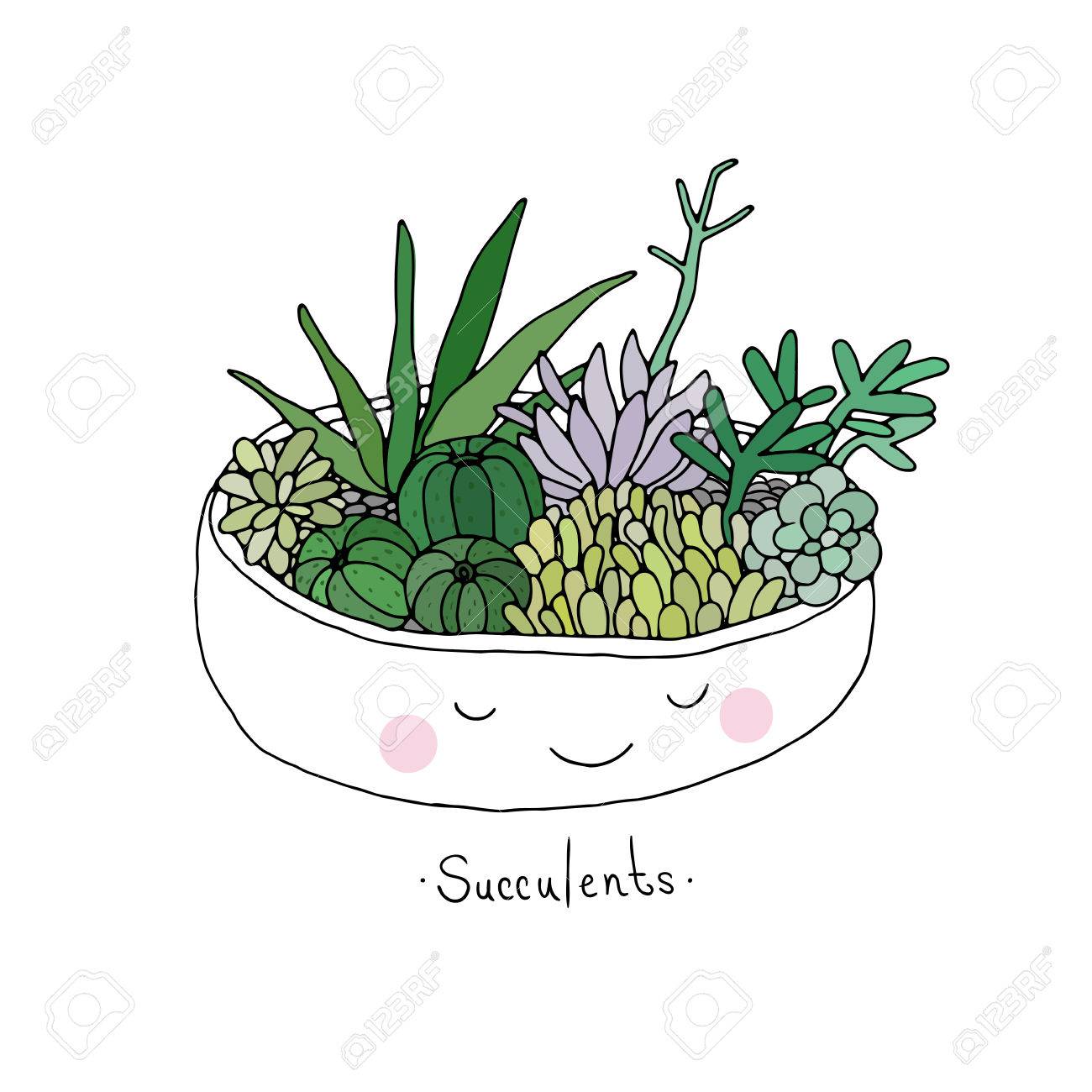 cartoon cute succulents in pot hand drawing isolated objects on white background vector illustration