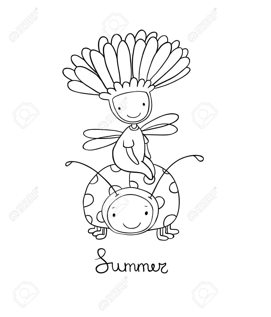 Fleur Fée Et Une Coccinelle Mignon Insectes Dessin à La Main Des Objets Sur Fond Blanc Isolé Vector Illustration