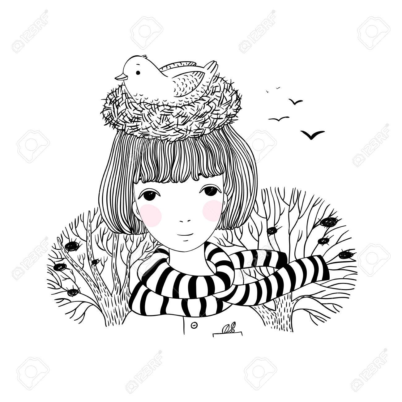Belle Jeune Fille Et Un Oiseau Dans Un Nid Dessin à La Main Dobjets Isolés Sur Fond Blanc Illustration Vectorielle Thème Dautomne