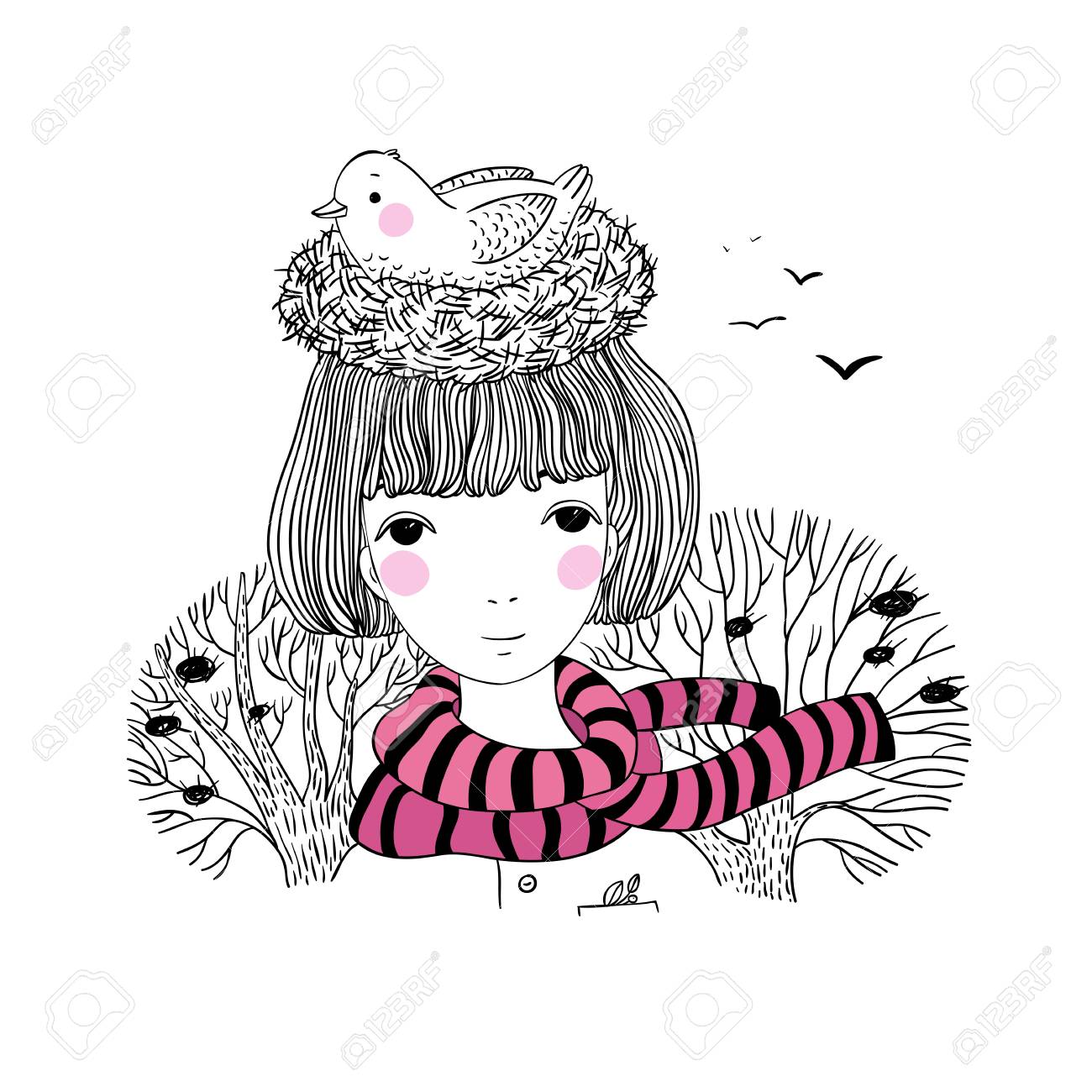 Belle Jeune Fille Et Un Oiseau Dans Un Nid Dessin à La Main Dobjets Isolés Sur Fond Blanc Illustration Vectorielle Thème Dautomne