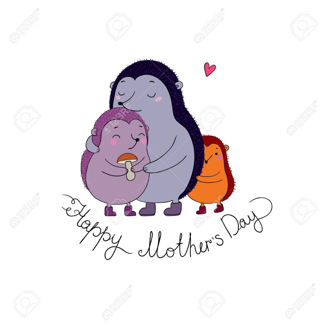 Family Cute Hedgehogs Mom And Kids Cartoon Animals Hand Drawing
