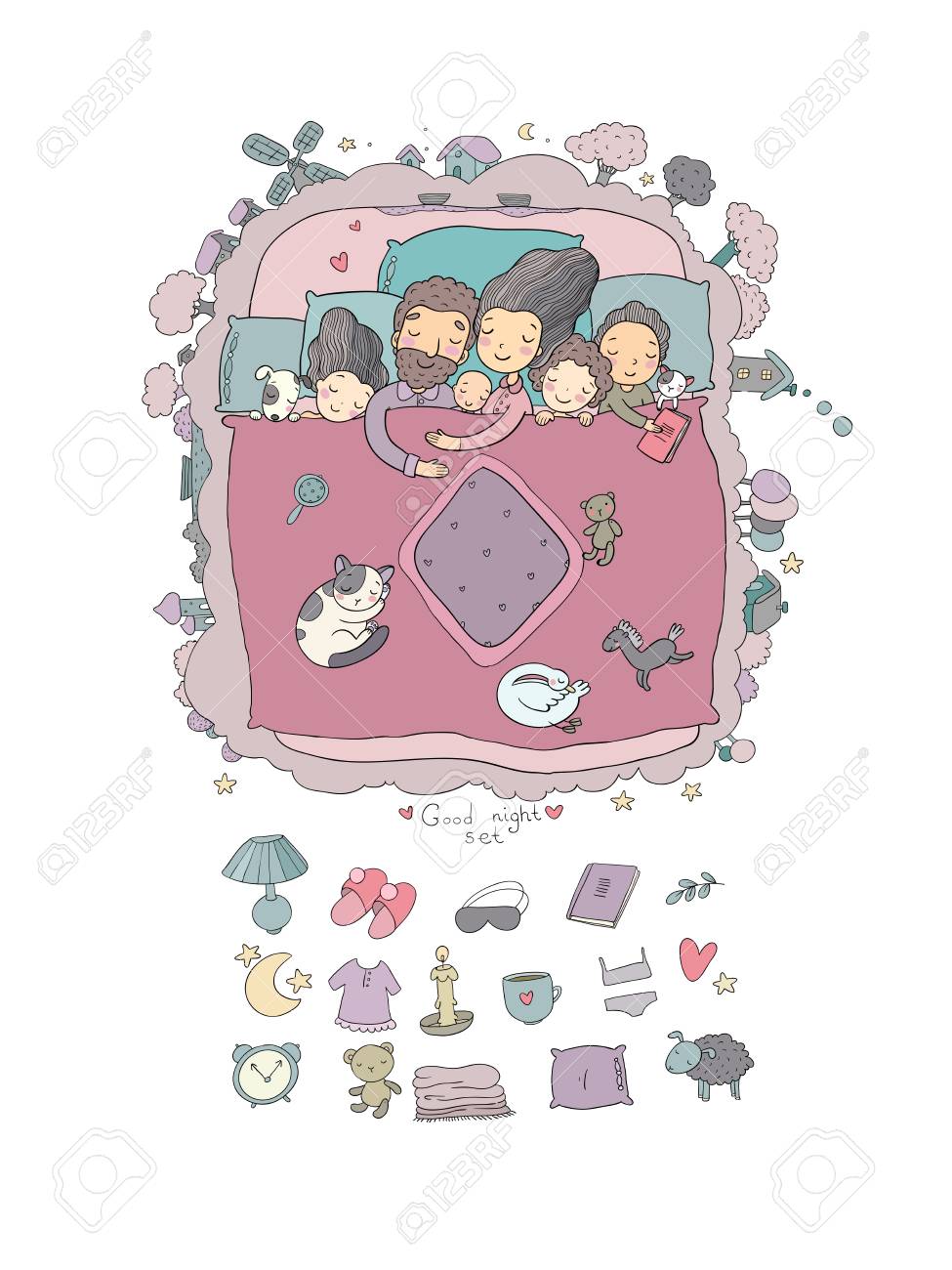The Family Sleeps In Bed Cartoon Mom Dad And Babies Sweet