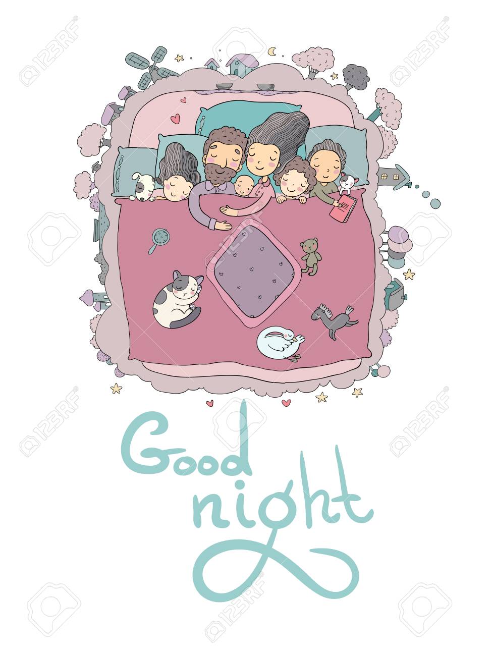 The Family Sleeps In Bed. Cartoon Mom, Dad And Babies. Sweet Dreams. Good Night. Bed Linen. Funny Pets. Illustration For Pajamas. Happy Children. Royalty Free SVG, Cliparts, Vectors, And Stock Illustration. Image The Family Sleeps In Bed. Cartoon Mom, Dad And Babies. Sweet Dreams. Good Night. Bed Linen. Funny Pets. Illustration For Pajamas. Happy Children. Royalty Free SVG, Cliparts, Vectors, And Stock Illustration. Image