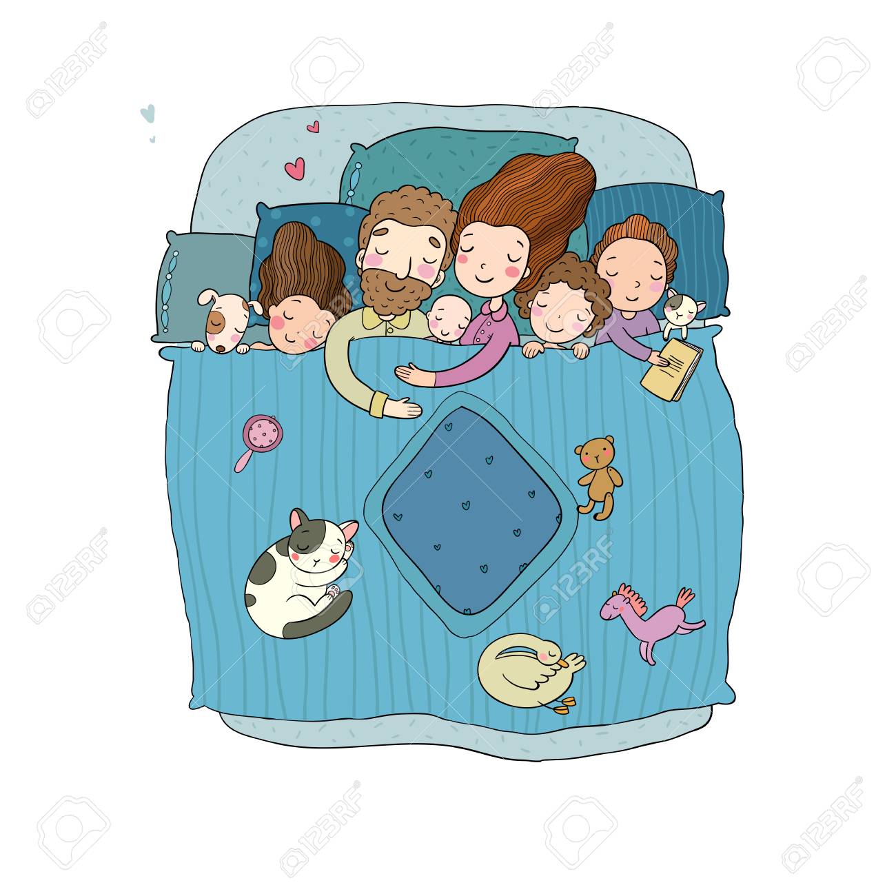 The Family Sleeps In Bed. Cartoon Mom, Dad And Babies. Sweet Dreams. Good  Night. Bed Linen. Funny Pets. Illustration For Pajamas. Happy Children.  Royalty Free SVG, Cliparts, Vectors, and Stock Illustration. Image, image size:1300x1300