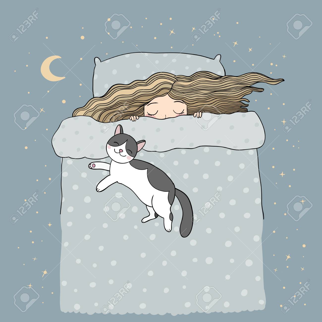 Girl And Cats. Good Night. Sweet Dreams. Vector Illustration. Bed ...