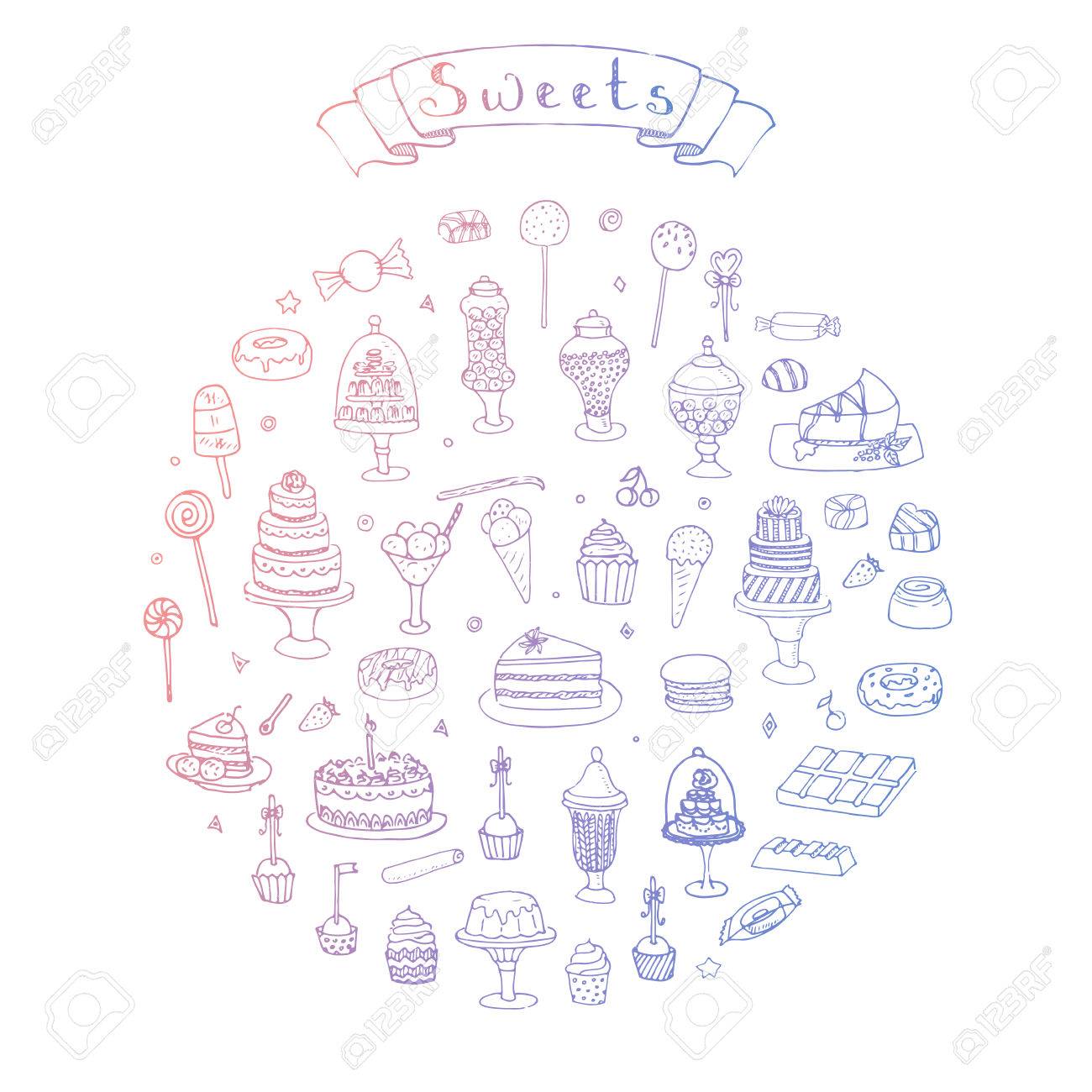手描き落書きお菓子白にベクトル図大ざっぱな甘い食べ物アイコン コレクション分離砂漠シンボルの設定背景カップケーキ マカロン チョコレートお菓子ケーキ パイ菓子ロリポップ棒 のイラスト素材 ベクタ Image
