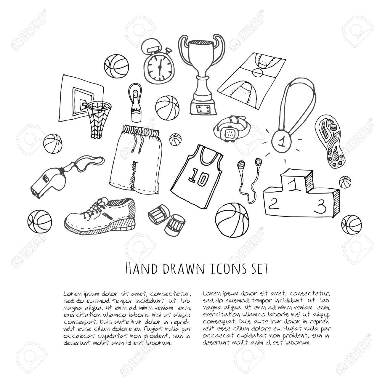 Hand Drawn Doodle Basketball Set. Vector Illustration. Sketchy