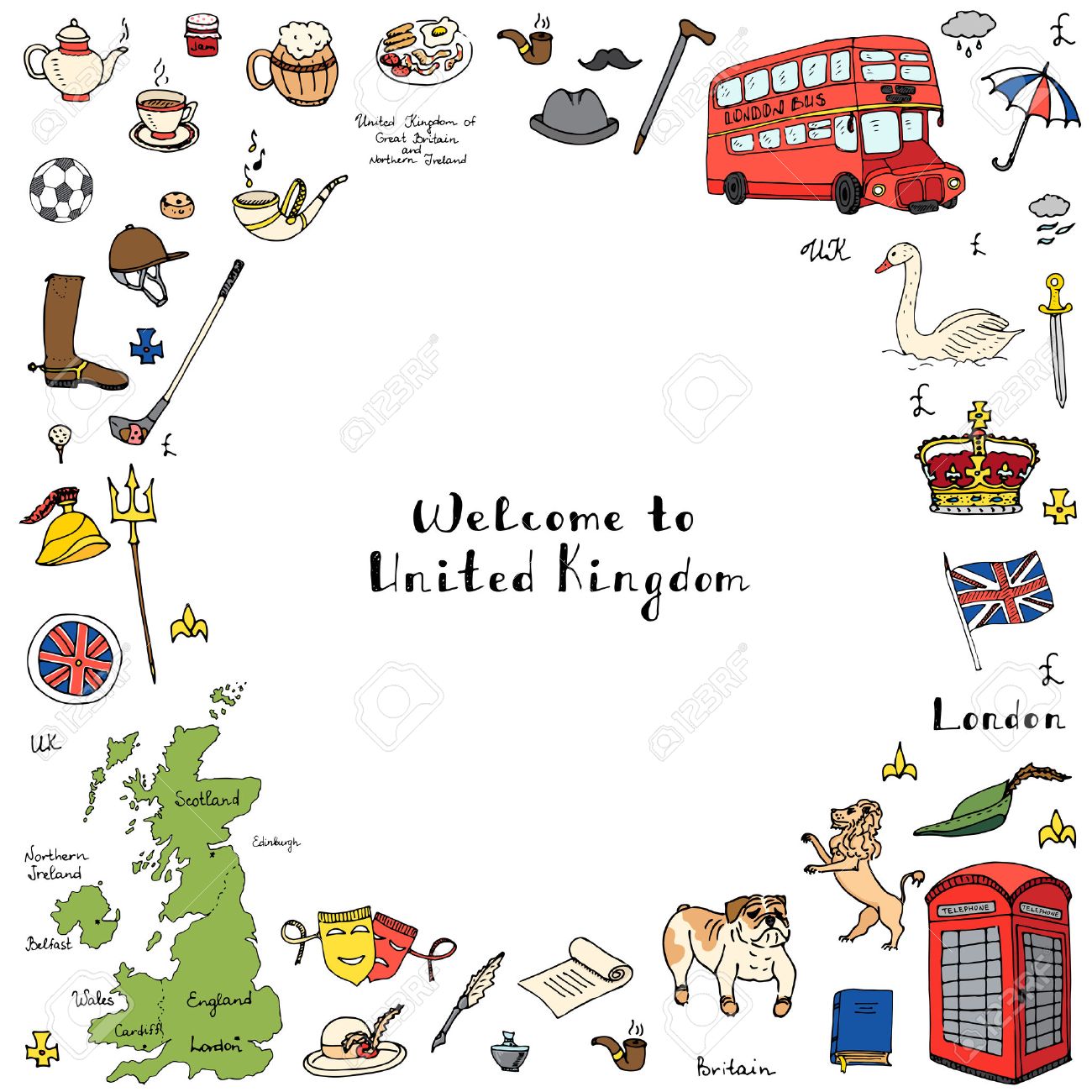 hand drawn doodle united kingdom set vector illustration uk icons