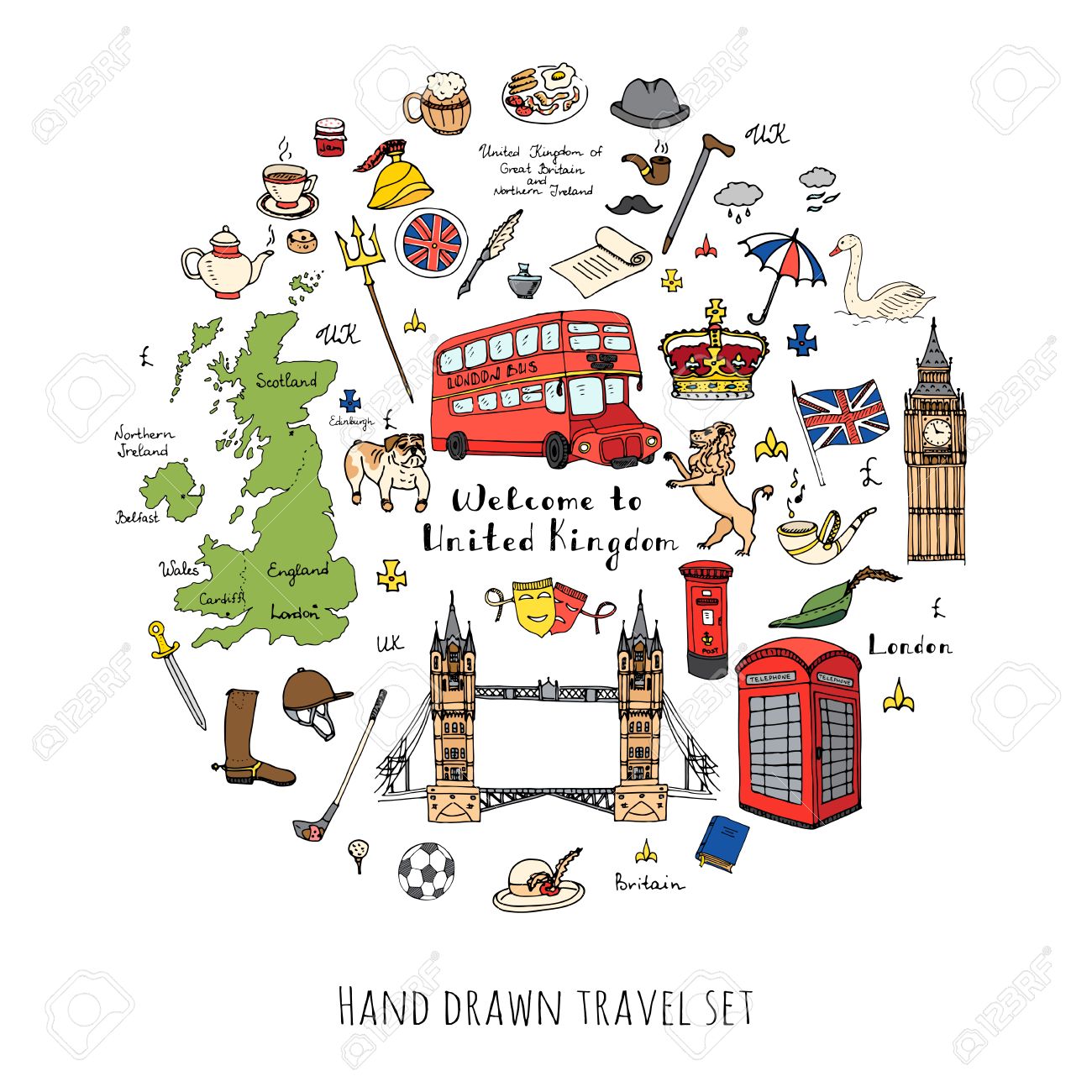hand drawn doodle united kingdom set vector illustration uk icons
