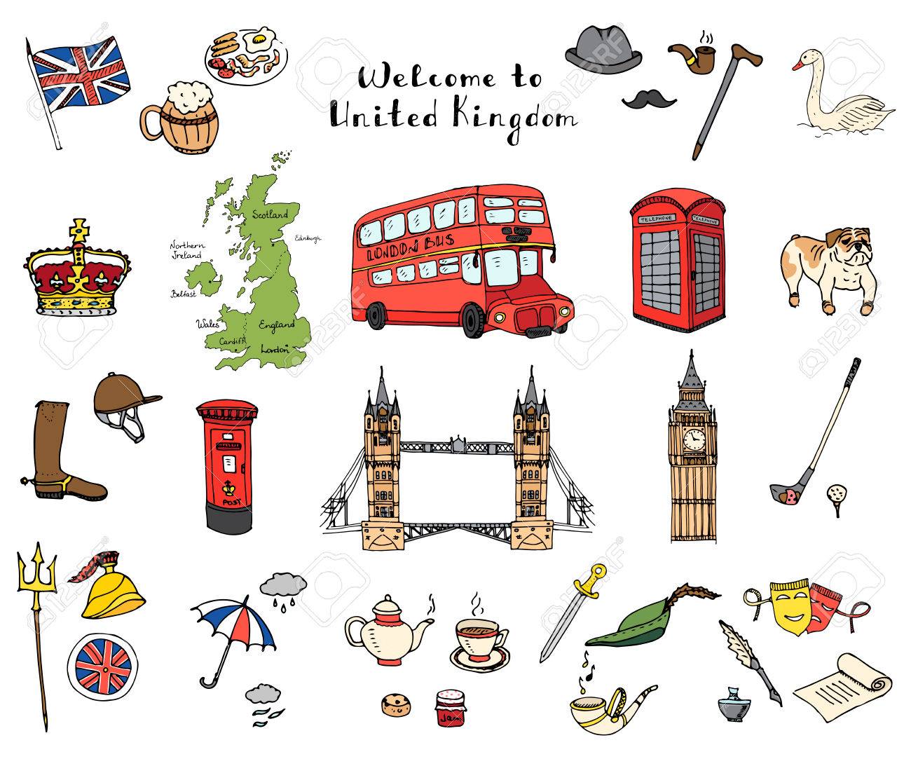 Hand Drawn Doodle United Kingdom Set Vector Illustration UK Icons Welcome To London Elements British Symbols Collection Tea Bus Horse Riding Golf Crown Beer Lion Bulldog London Bridge Big Ben Tower Royalty