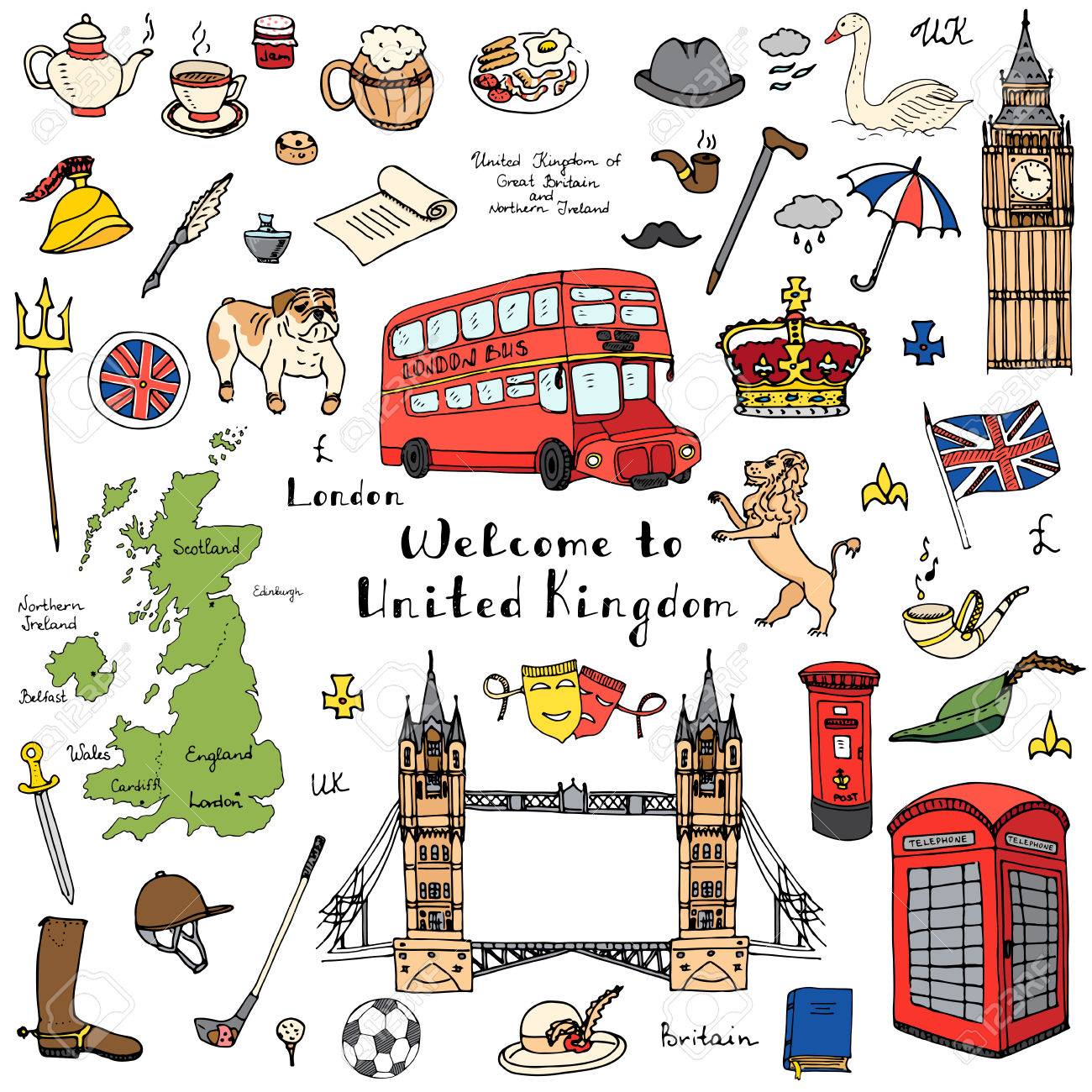 hand drawn doodle united kingdom set vector illustration uk icons