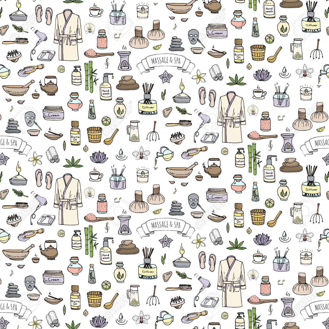 seamless background hand drawn doodle massage and spa icons set