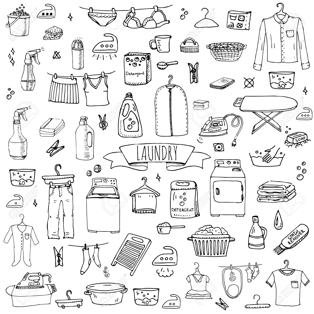 hand drawn doodle laundry set vector illustration washing icons