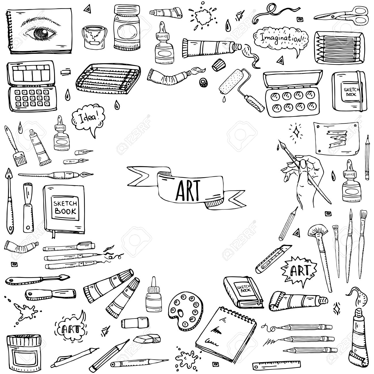 アートとクラフトのツール アイコン設定ベクトル イラスト アート商品記号集手描き落書き漫画白い背景スケッチのさまざまなアート ツール ブラシ水彩ペイント アーティスト要素のイラスト素材 ベクタ Image