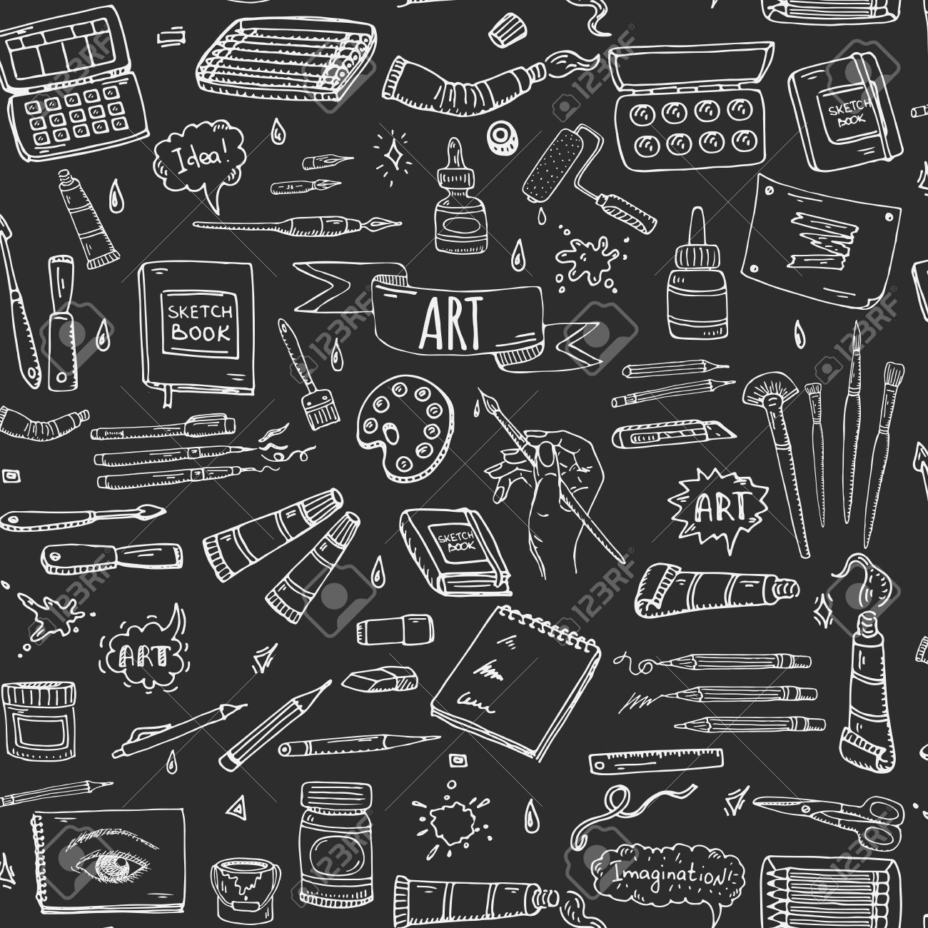 Seamless Background Hand Drawn Doodle Art And Craft Tools Icons Set