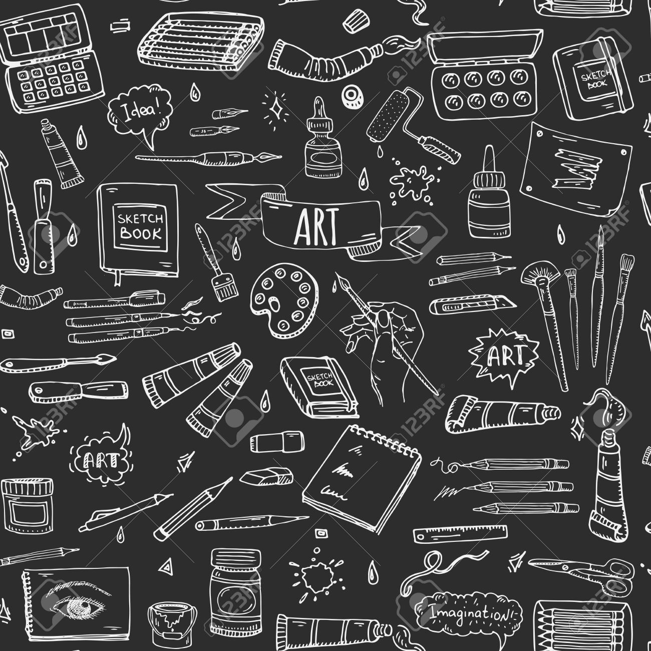 Seamless Background Hand Drawn Doodle Art And Craft Tools Icons Set