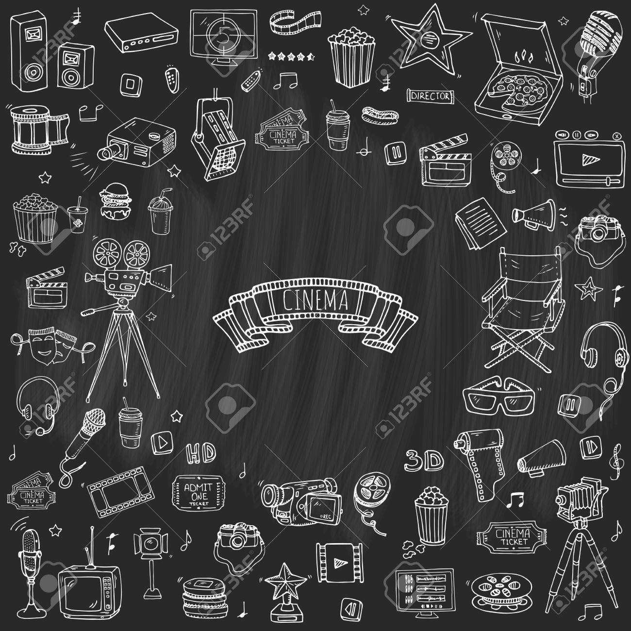 手描き落書き映画セット ベクトルの図 映画のアイコンを作るします 映画の記号のコレクション 撮影フリーハンド要素 カメラ フィルム テープ 写真カメラ ピザ ポップコーン プロジェクター マイク のイラスト素材 ベクタ Image