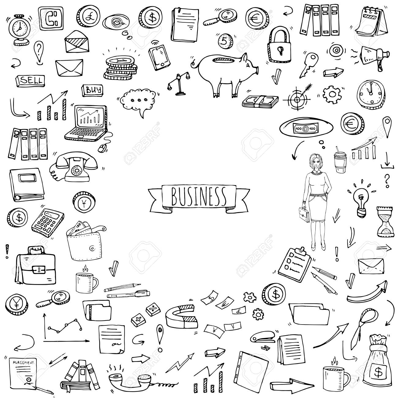 手描き落書きビジネス セット ベクトルの図 金融 通信アイコン 経済チャート シンボルのコレクションです フリーハンドの要素 お金 電話 ラップトップ バッグ 矢印 時計 女性のビジネス のイラスト素材 ベクタ Image