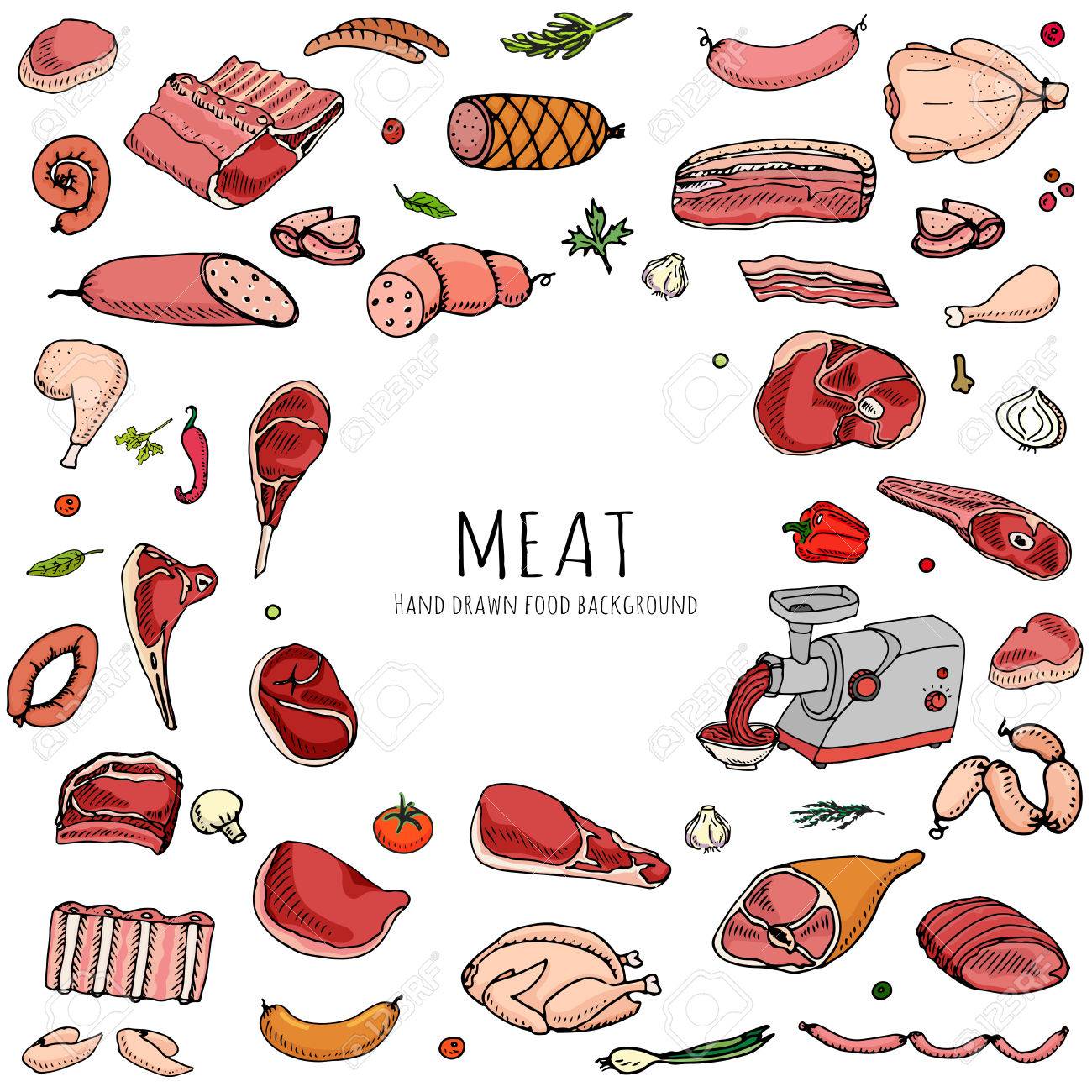 手描き落書き漫画肉や家禽の別の種類を設定します ベクトル図を設定します 大ざっぱな食糧要素のコレクション ラム肉 豚肉 ハム ミンチ 鶏肉 ステーキ ベーコン ソーセージ サラミ 野菜 のイラスト素材 ベクタ Image