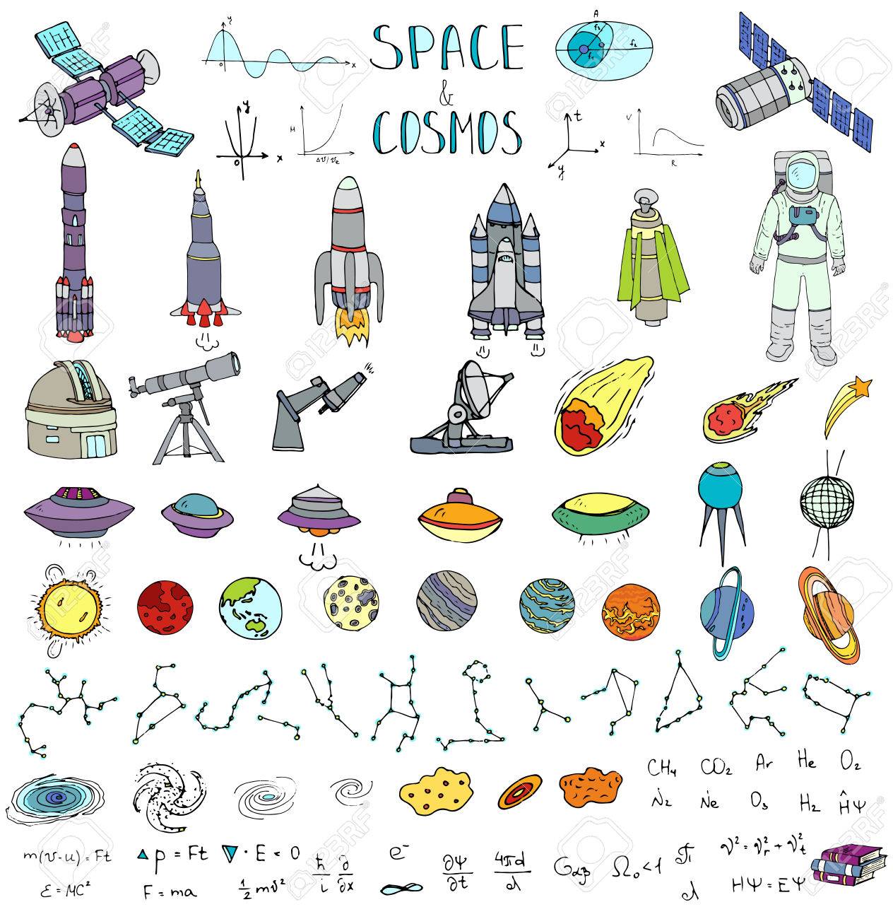 手描き落書きスペースとコスモス設定要素ロケット宇宙船シンボル コレクション太陽系惑星銀河銀河宇宙飛行士ハイテク フリーハンド アイコン ベクトル図宇宙のアイコン スペース コンセプトのイラスト素材 ベクタ Image